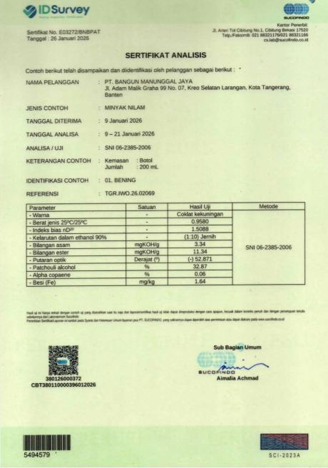 Sertifikat Analisis Produk Minyak Nilam - PT Bangun Manunggal Jaya